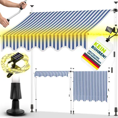 Produktbild von tillvex Klemmmarkise 400 cm Blau/Weiß mit Solar LED mit Handkurbel Balkon | Balkonmarkise ohne Bohren | Markise UV-beständig & höhenverstellbar | Sonnenschutz wasserdicht