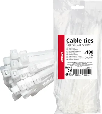 Zdjęcie produktu dla Opaski kablowe białe 4.8×200mm 100 sztuk - AMIO Wysokiej jakości rozwiązanie mocujące