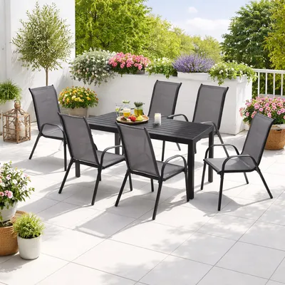 7-tlg Gartengarnitur Gartenmöbel Non-Wood 150x90cm Gartentisch Anthrazit/Schwarz