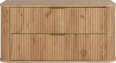A front view of a wooden bathroom cabinet with two drawers and a gold handle.