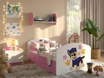 Produktbild von 1x Happy Babies Kinderbett mit Rausfallschutz Junge 140x70 Bett für Kinderzimmer mit Schublade Matratze Einzelbett für Kinder Weiß ROSA Hundemotiv