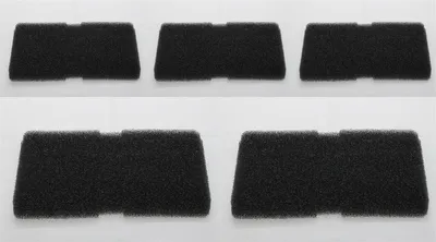 Five black foam filters are arranged in two rows on a white background.