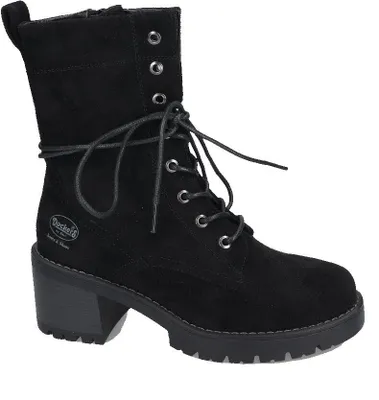 A black suede lace-up boot with a block heel, shown against a white background.