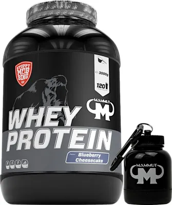 Produktbild von Mammut Nutrition - Whey Protein 3000 g Dose - 120 Portionen Eiweiß + GRATIS Powderbank, Geschmack: Blueberry Cheesecake