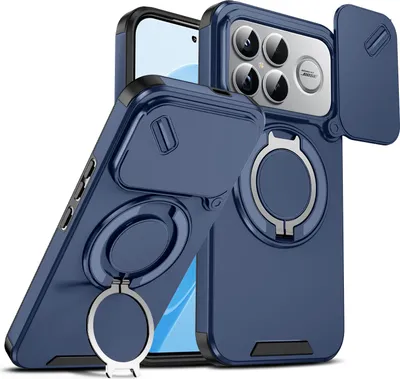 Immagine prodotto di Custodia a doppio strato per Xiaomi Poco F8 Ultra/Redmi K90 Pro Max, con copertura scorrevole per la fotocamera e supporto magnetico ad anello Blu