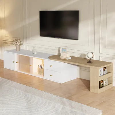 Zdjęcie produktu dla RTV stojak z możliwością montażu na ścianie, wyposażony w podświetlenie LED, wymiary: 175x40x35,5 cm, kolor: biały i naturalny, wykonany z płyty wiórowej (100%), posiada 2 szuflady i przeszklone drzwi przesuwne