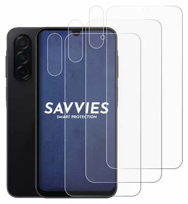 A black smartphone is shown next to three clear screen protectors.
