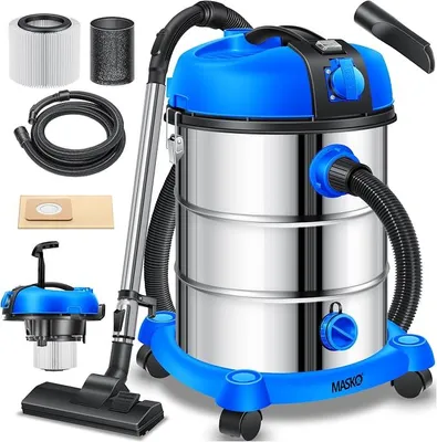Produktbild von Industriestaubsauger Staubsauger Nass Trocken Sauger Edelstahl 2300W + Steckdose | Blasfunktion | Push&Clean | Industrie-Sauger mit & ohne Beutel | Inkl. Wechselfilter | beutellos Blau
