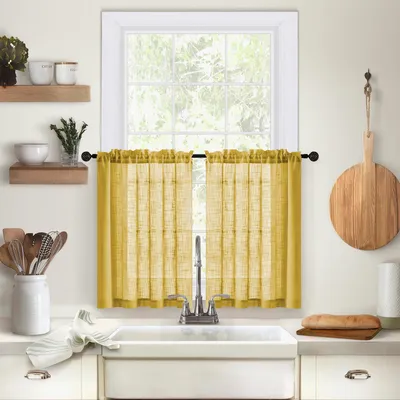 Immagine prodotto di 2 tende a pannello trasparenti effetto lino, tende da bistrot in voile, tende corte per cucina, soggiorno e camera da letto, giallo, L63xA93 cm