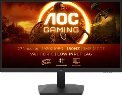 AOC Gaming monitor with a fantasy-themed background featuring a warrior and a dragon.