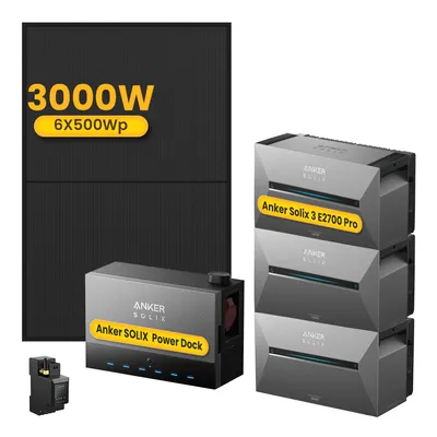 Produktbild von Powerness Balkonkraftwerk mit Speicher, Anker Multisystem SOLIX Solarbank Power Dock mit 3x Solarbank 3 E2700 Pro und 3000W Solarmodule (0% MwSt)
