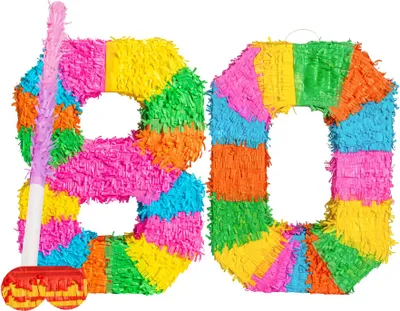 Produktbild von Fax Potato Pinata-Set zum 80. Geburtstag mit Stab und Augenbinde – rosa Stab