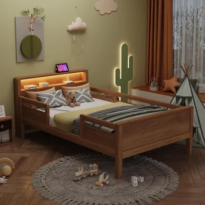 Produktbild von Flieks Kinderbett Holzbett 90x200cm mit Rausfallschutz, Einzelbett Jugendbett mit Led und Ladefunktion, Klassisches Bett, Naturbelassen