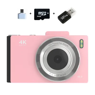 Obrázek produktu pro FORSMANO 64GB retro digitální fotoaparát s 48MP duálním objektivem, 2,8" IPS displejem, 16násobným zoomem, autofokusem, podporou OTG a SD karet, Růžov