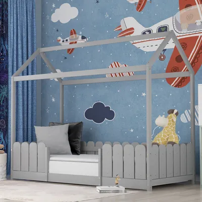 Produktbild von Sweiko Kinderbett Einzelbett mit Lattenrost und Rausfallschutz Hausbett für Jungen und Mädchen Massivholzbett 90x200 cm Grau (ohne Matratze)