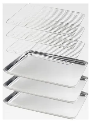Produktbild von Backblech Set mit Abkühlgitter (3 Backbleche + 3 Abkühlgitter), lebensmittelechtes Edelstahl für Backen, Grillen, Abkühlen und Abtropfen (31,5 * 24,5 * 2,8 cm)