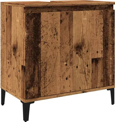 A product shot of a wooden cabinet with black legs against a white background.