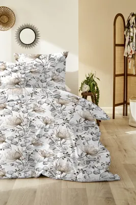 Produktbild von Primera Mako-Satin Bettwäsche 135x200 Blütenzweige Blätter braun grau 243226-78