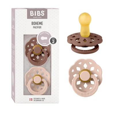 Produktbild von BIBS Boheme Schnuller 2er-Pack. BPA-frei, Kirschform Nippel. Naturkautschuk / Latex, Hergestellt in Dänemark. Größe 2 (6-18 Monate), Woodchuck / Blush