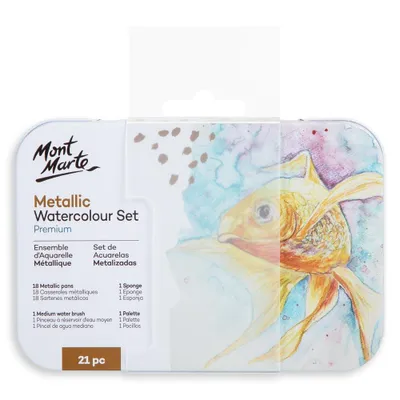 Produktbild von Mont Marte Metallic Aquarellfarben Set 18 Farben – Extrem schimmernd, sichtbar auf hellem & dunklem Papier, inkl. Pinsel, Palette & Reise-Metalldose