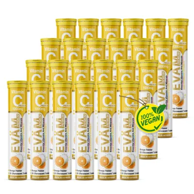 Produktbild von EVÄM Vitamin C 1000 mg Brausetabletten – Immunsystem, Hochdosiert 1250% NRV, Vegan und  Zuckerfrei,  Germany, Orangengeschmack, 24er Pack
