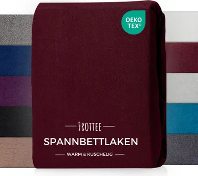 A folded burgundy fitted sheet is shown, with a side panel displaying various other colors of the same product.