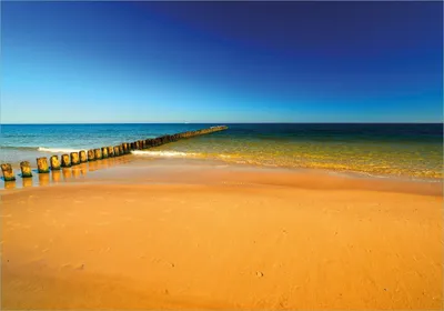 Produktbild von Wallario Poster - Sandstrand in orange - Blaues Meer - Blauer Himmel, Kunstdruck Größe: 70 x 100 cm