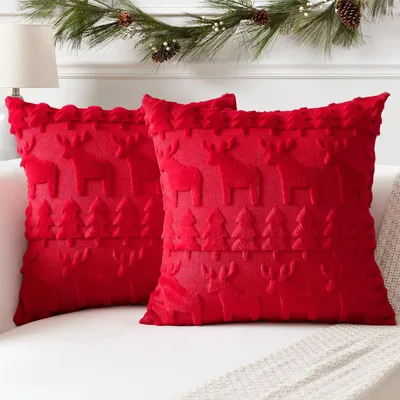 Produktbild von Set mit 2 Kissenbezügen aus weicher, kurzfloriger Wollsamtwolle, dekorative Kissenbezüge im n Stil für Sofa und Schlafzimmer, mit Weihnachtsbaum- und Elchmotiv, rot, 60 x 60 cm
