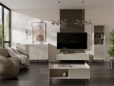 Produktbild von TV-Lowboard 150 cm mit Rillenfronten & hohen Metallfüßen – Fernsehschrank mit Stauraum und Kabelmanagement in Beige Kaschmir – Minimalistisch Skandinavisch Design – Arysa