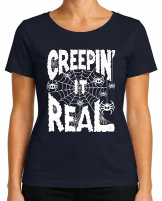 Imagen del producto de Camiseta para mujer con diseño de Halloween: "Creepin It Real" (araña, telaraña, espeluznante, divertido), color azul marino, talla L