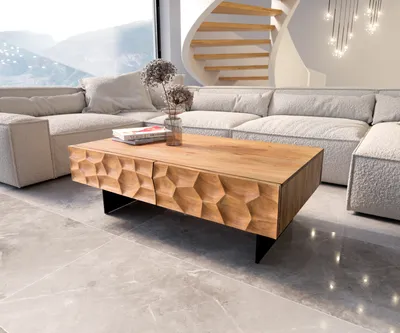 Produktbild von DELIFE Couchtisch Solu 120x70 cm Akazie Natur 4 Schübe Fuß schwebend Metall Schwarz 3D-Front