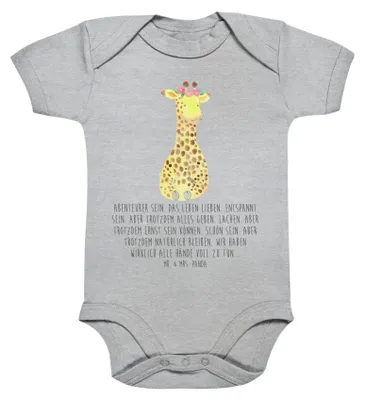 Produktbild von Mr. & Mrs. Panda Einteiler Giraffe Blumenkranz 3. - 6. Monat - Heather Grey - Geschenk, overall baby, Strampler, body kurzarm, Selbstliebe, Abenteurer, babykleidung