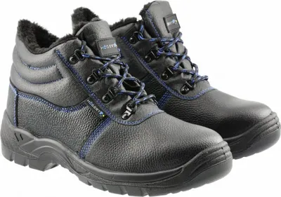 A pair of black winter work boots with blue laces and stitching.