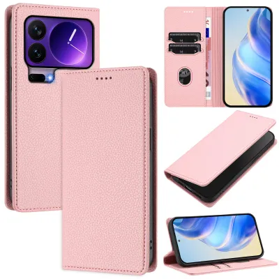 Immagine prodotto di Custodia per telefono cellulare in pelle Litchi per Xiaomi 17 Pro Portafoglio slot per schede stand funzione custodia Rosa