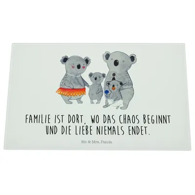 Produktbild von Mr. & Mrs. Panda Hackbrett Koala Familie - Weiß - Geschenk, Mama, Muttertag, Kinder, Glas Schneideplatte, Papa, schneidunterlage, Glasschneidebrett, Schneidplatte