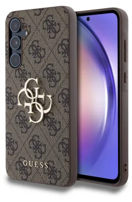 A close-up shot of a smartphone case with a Guess logo and pattern, placed next to a smartphone.