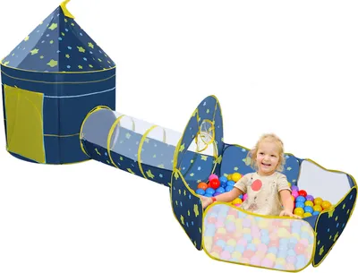 Produktbild von 3-in-1 Spielzelt für Kinder, Kinderzelt Bällebad und Krabbeltunnel, Sternenhimmel Indoor Outdoor Spielzelt