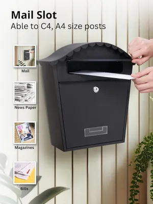Image de Boîte aux lettres murale, dimensions 36 x 13 x 37 cm, noire, verrouillable avec 2 clés, en acier galvanisé, pour une utilisation en extérieur