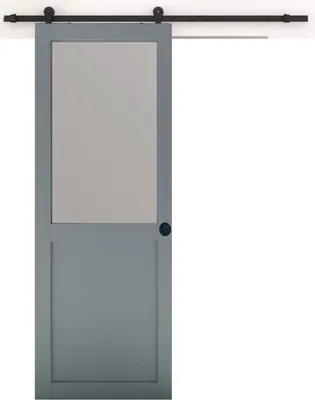 Image de Porte Coulissante Athena RAL7035 Vitree H204 x L83 + Rail a roulettes Noir et Coquilles Noir