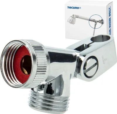 A chrome-plated shower hose connector with a red seal, shown in front of a product box.