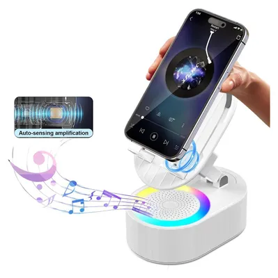 A hand holding a smartphone, which is placed on a white speaker stand with colorful LED lights. Musical notes are depicted emanating from the speaker.