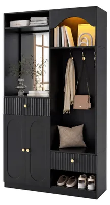 Produktbild von Kompaktgarderobe mit Spiegel und Sitzbank,Flurgarderobe mit Schuhschrank und Haken, Kleiderhaken,Kompaktgarderobe,Flurmöbel Set,Flurgarderobe