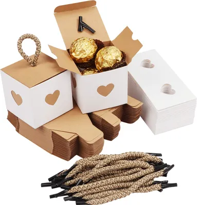Produktbild von Belle Vous 50 Stk Kleine Geschenkboxen Weiß & Braun mit Herz - 5,5 x 5,5 x 5,5cm Geschenk Schachtel Box aus Karton Kraftpapier Pappschachteln für