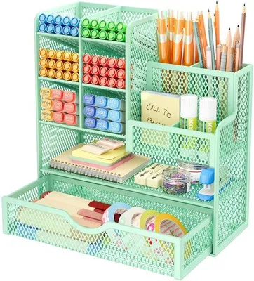Productafbeelding van Ibenzoa® Bureauorganizer van metaalgaas – 10 compartimenten (6 kantelbaar, 4 plat) met een lade voor pennen en kantoorbenodigdheden