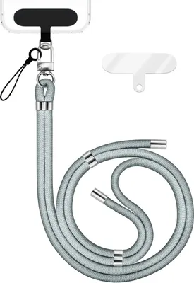 Produktbild von HoldMe Edition - Lanyard mit Karabiner Silber & 2 Pads - Universal Handykette Nylon Umhänge Band - Hellgrau