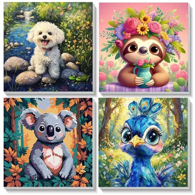 Immagine prodotto di Kit per dipingere per bambini, con cornice, 4 pezzi, 20x20 cm, soggetti: paesaggi e animali
