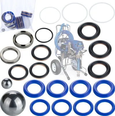 Produktbild von Kolbenpumpe Ersatzteil Set – Reparatursatz mit Stahlkugeln | Dichtungen V-Ring O-Ring | kompatibel mit Airless Farbspritzgerät Graco Mark V Ultra Max II Ultimate MX II GMax LineLazer