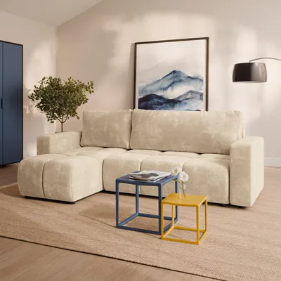 Produktbild von Masseno Ecksofa RAMIL mit Schlaffunktion L-Form, Sofa mit Bettkasten, Wohnzimmersofa, Couch, Soffa, Bettsofa, Couchgarnitur- Creme, LUMO 55