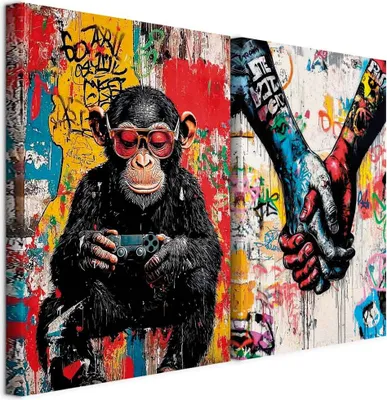 Produktbild von Akustikbild Bilder Set Urban Art 40x30cm 2 Teilig je 20x30cm Collage 2er Mehrteiligen Gemälden Kunstdrucke Wandbild Schallabsorber Akustikplatten - Bunte Lustiges Tierbild i-H-10017-b-a