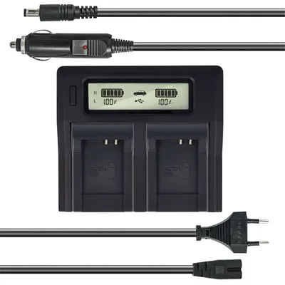 Produktbild von Dual Akku-Ladegerät kompatibel mit Olympus Li-70B - mit USB-Anschluss, LCD-Display und Kfz-Ladekabel - Schnellladegerät
